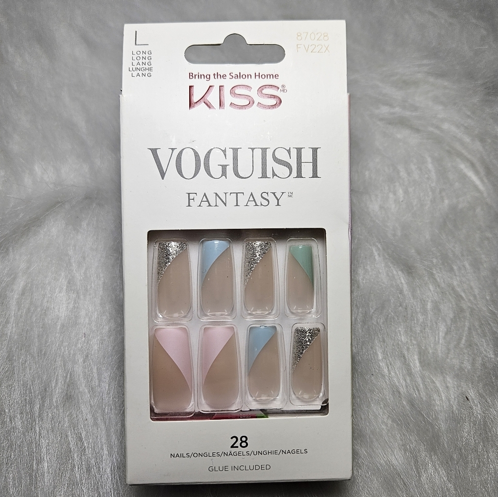 NIB Kiss Vogueish Fantasy Nail Set - Pink, Blue, Silver Long Length
